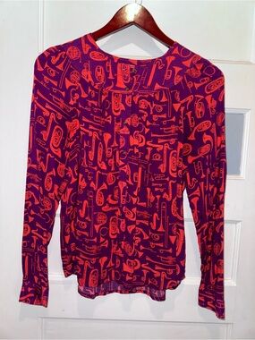 Anthropologie Purple & Red Musical-Print Long Sleeve Blouse